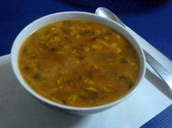 A bowl of hearty soup in a local restaurant